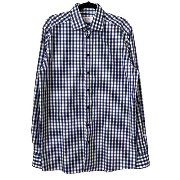 Eton Shirt Mens 41 16 Blue White Contemporary Check Cotton Button Up Long Sleeve - Picture 1 of 13